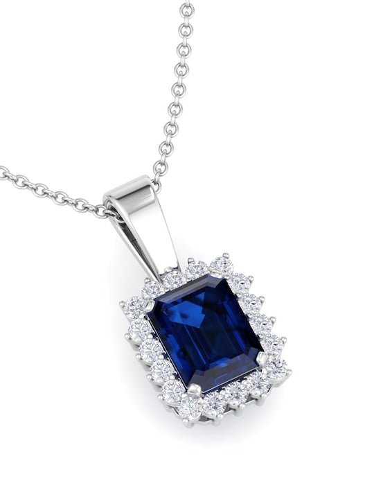 925 Sterling Silver Blue Rectangular CZ Studded Pendant With Chain. - Inddus Jewelry