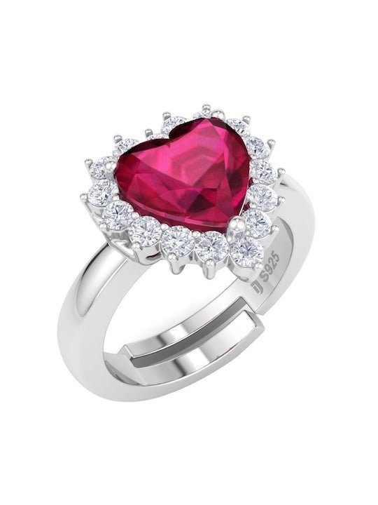 925 Sterling Silver Red CZ Studded Heart Finger Ring - Inddus Jewelry