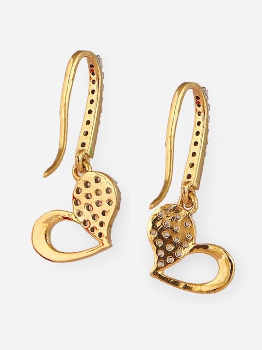 Gold-Plated 925 Sterling Silver CZ-Studded Heart Shaped Drop Earrings - Inddus Jewelry