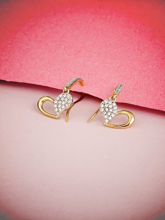 Gold-Plated 925 Sterling Silver CZ-Studded Heart Shaped Drop Earrings - Inddus Jewelry